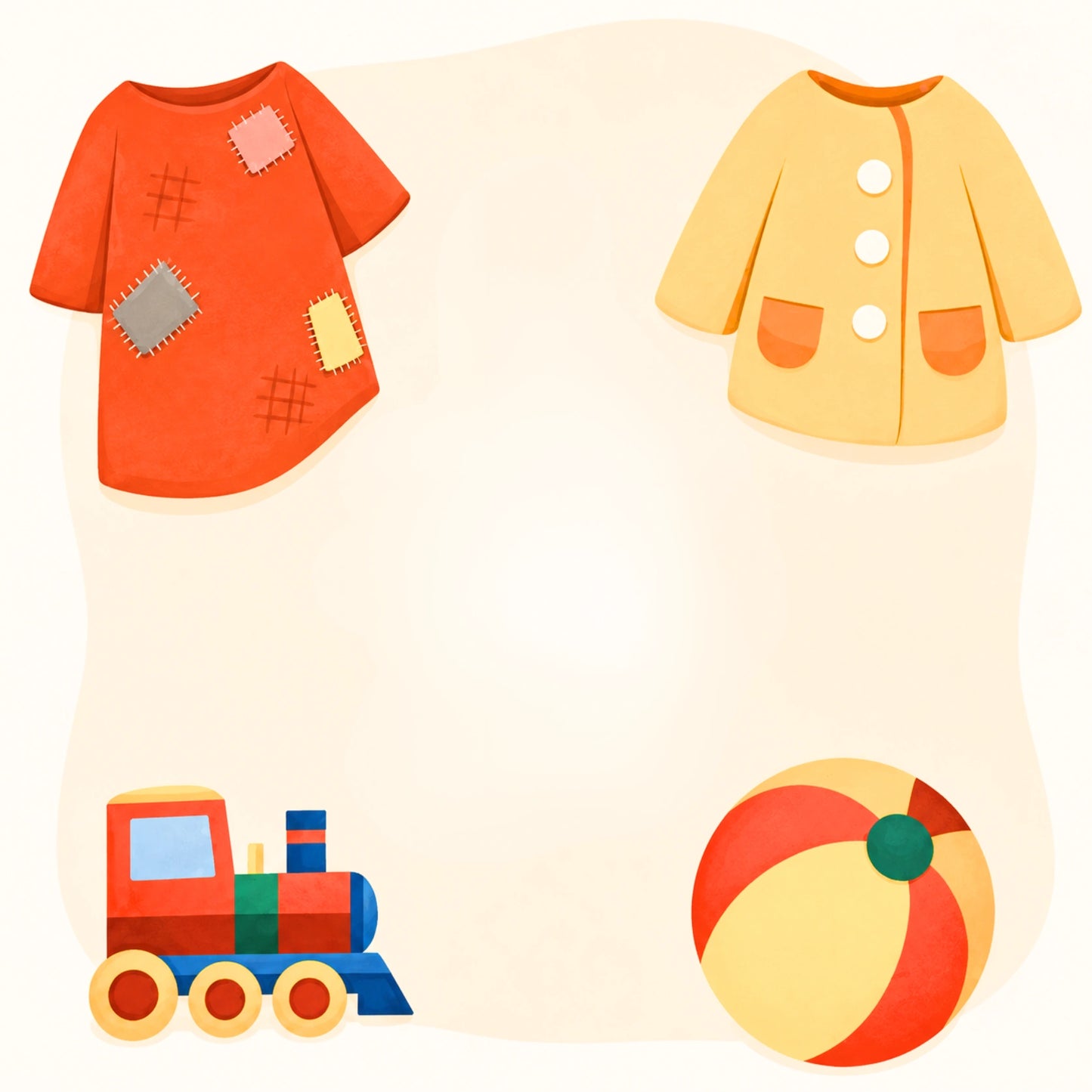 A flat vector illustration showing four separate items: an orange short-sleeve dress with colorful patchwork details, a pale yellow button-front jacket with orange pockets, a small red and blue toy train, and a red, yellow, and green striped beach ball, all arranged on a cream background.
