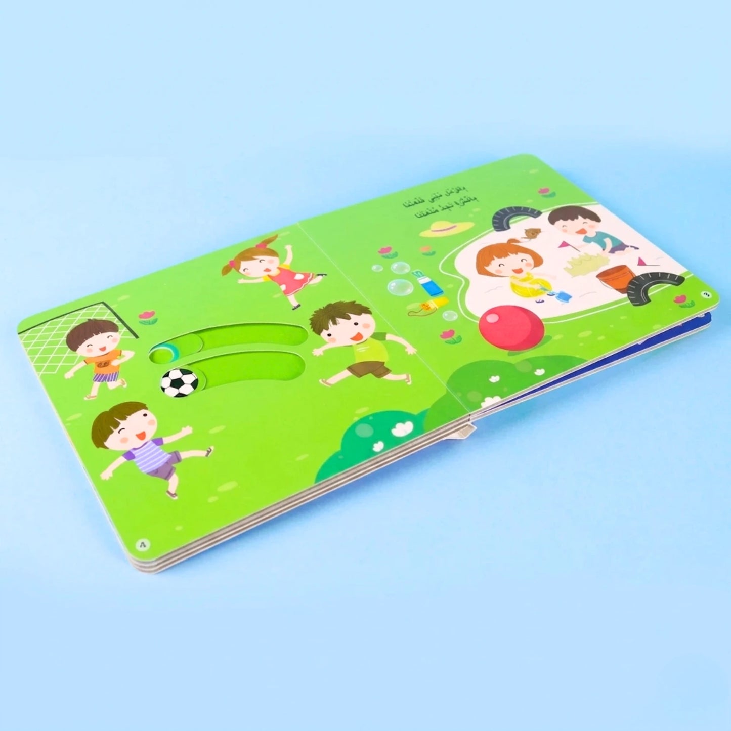 Children's activity board with cartoon characters on a blue background