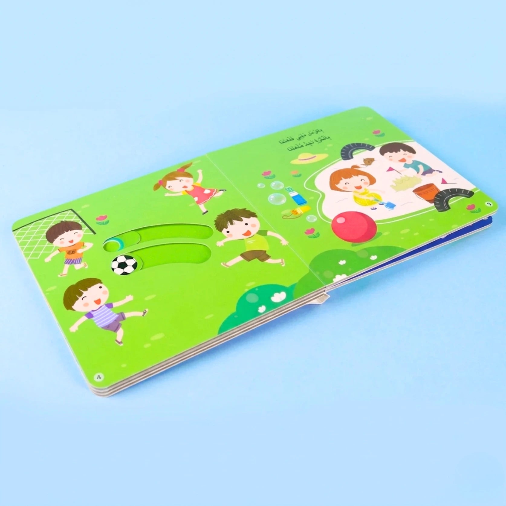 Children's activity board with cartoon characters on a blue background