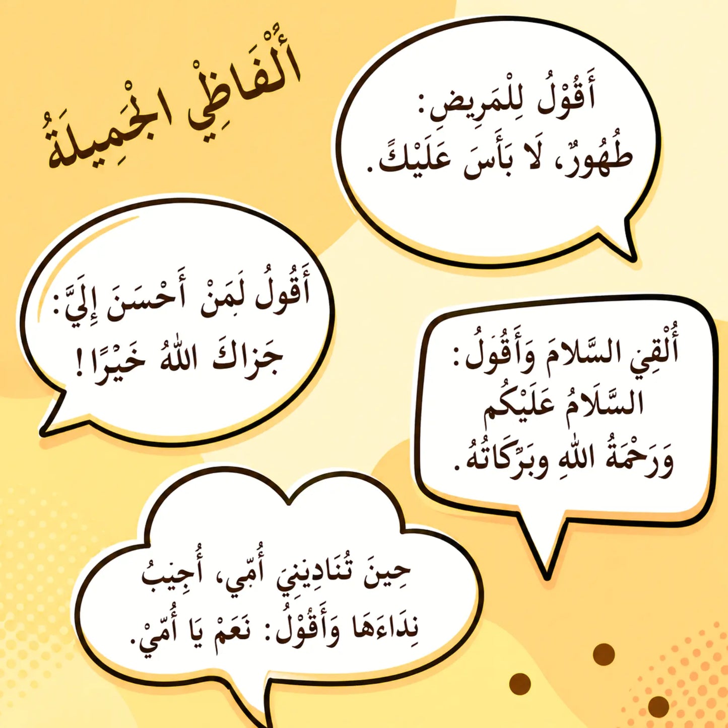 Arabic educational poster with five speech bubbles containing study tips and motivational quotes on a yellow background.