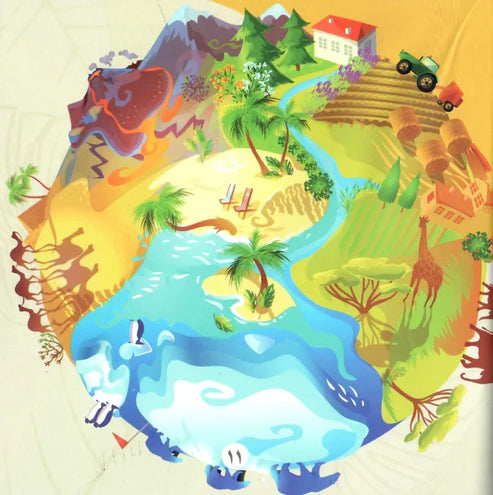 Colorful illustration of a world map with various landscapes and animals.