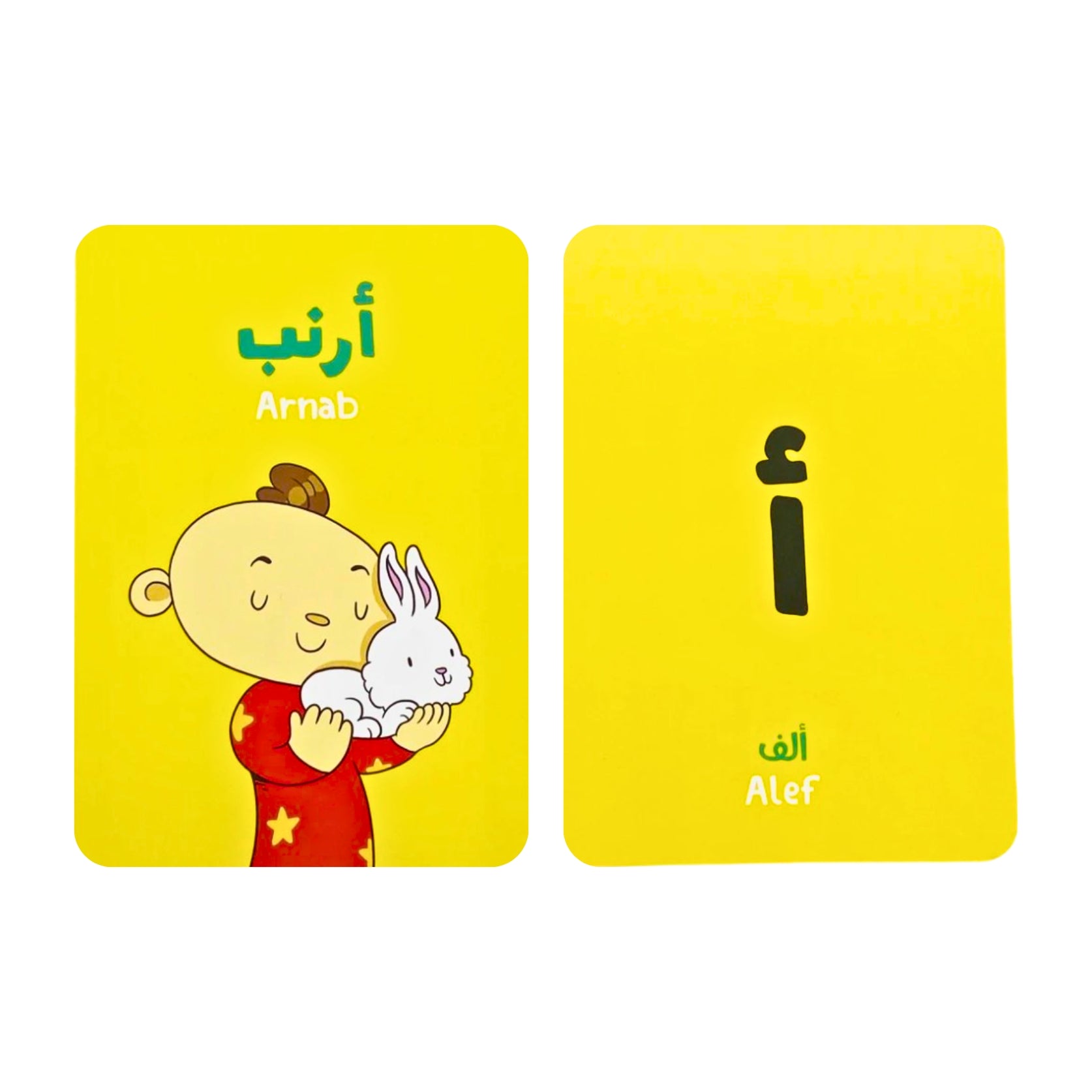 Bright and interactive Arabic alphabet flashcards featuring the letter Alef (أ) and the word "Arnab" (Rabbit) with playful illustrations. Ideal for teaching children Arabic letters and vocabulary in a fun and engaging way.