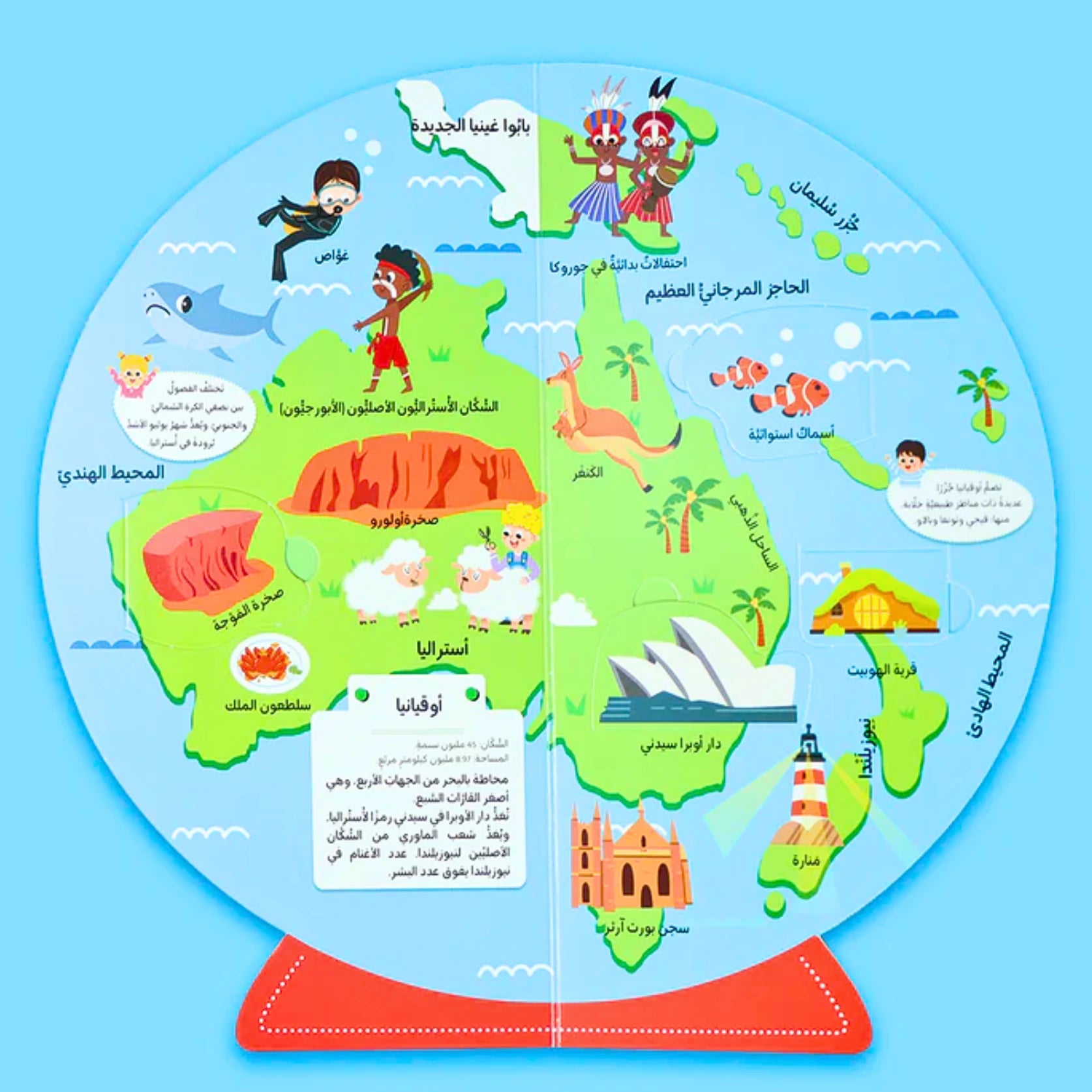 Colorful map of Australia with cartoon characters and landmarks on a blue background