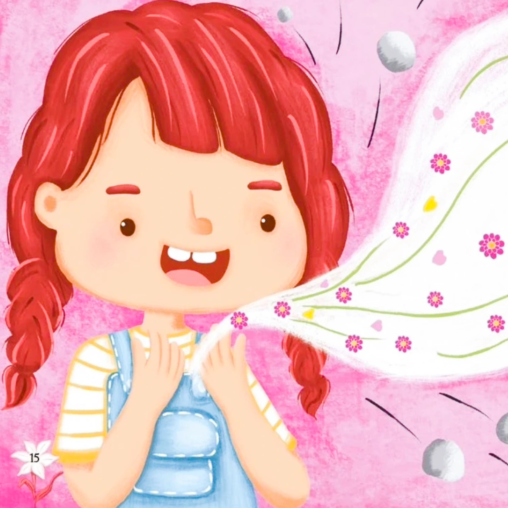 Illustration of a girl with red hair blowing a kiss on a pink background