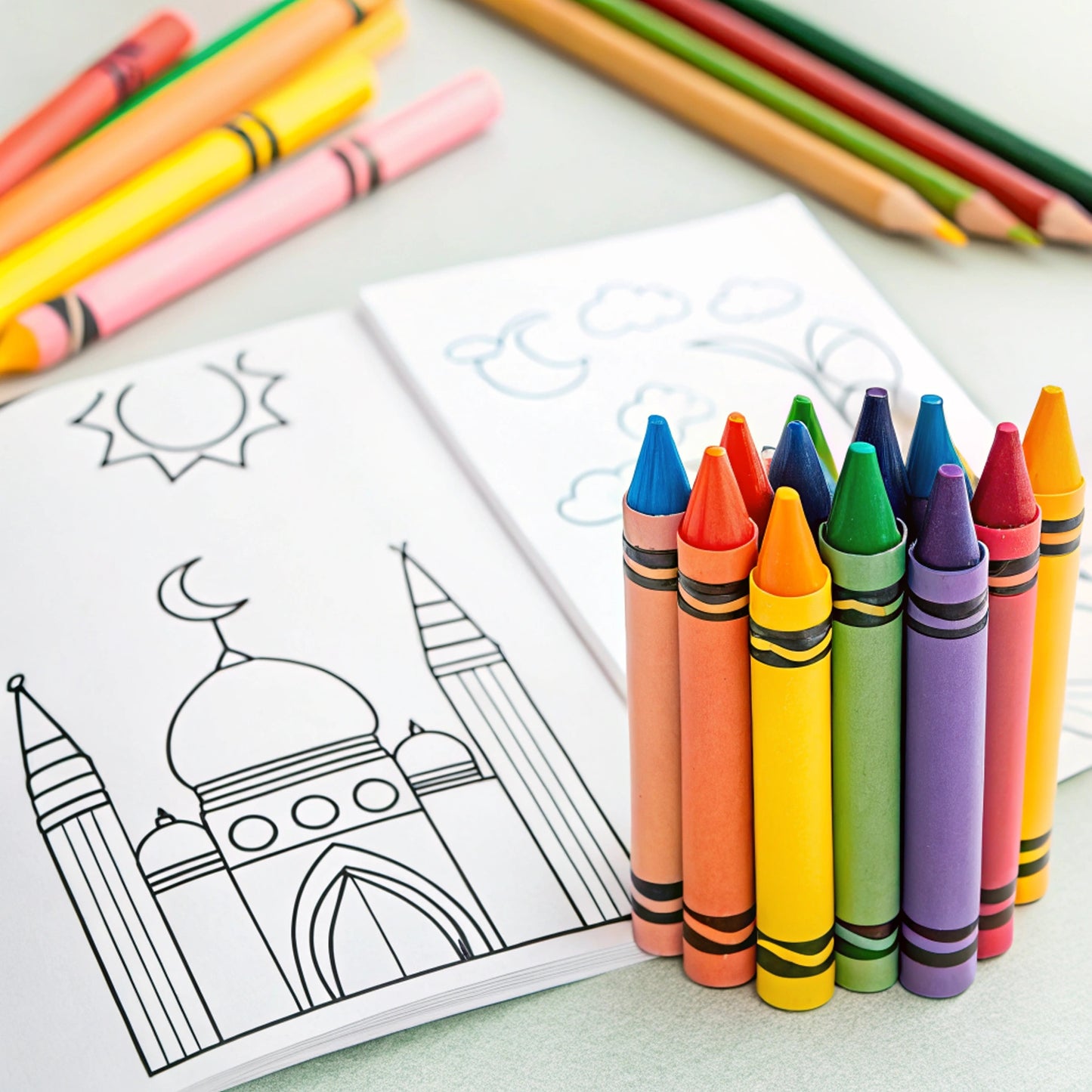 An Islamic children's coloring book with a handle-shaped design. The open pages display black-and-white illustrations for coloring. One page features a prayer mat with a mosque design and stars, labeled "ألون سجادتي" (I color my prayer mat). The other page shows a young boy giving a gift to a needy man with a cat beside him, labeled "أساعد المحتاجين" (I help those in need). The book promotes Islamic values such as prayer and charity in a fun and engaging way for kids.
