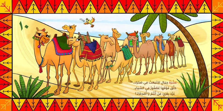 Illustration of camels in a desert scene with palm trees and decorative borders.