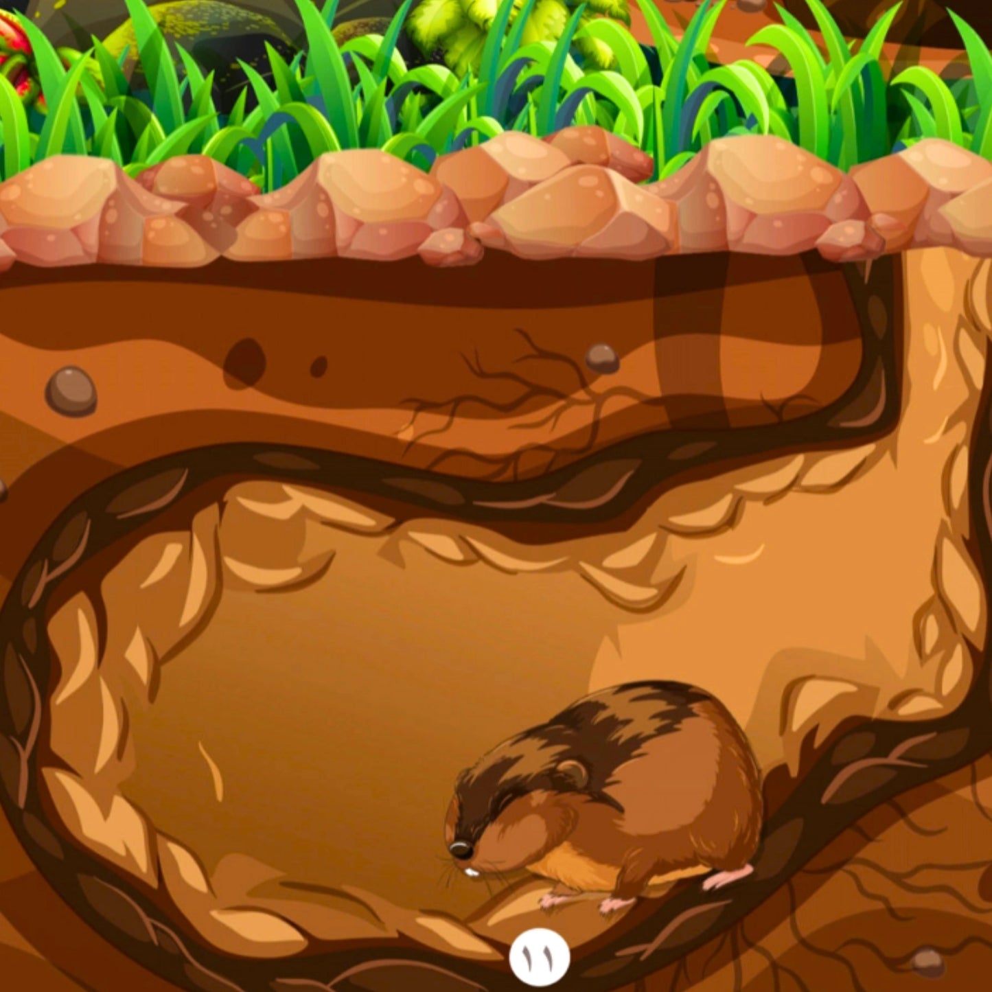 A cartoon-style illustration of a small brown rodent, likely a hamster or gerbil, standing inside a burrow with grass and rocks above, shown on a plain light background.