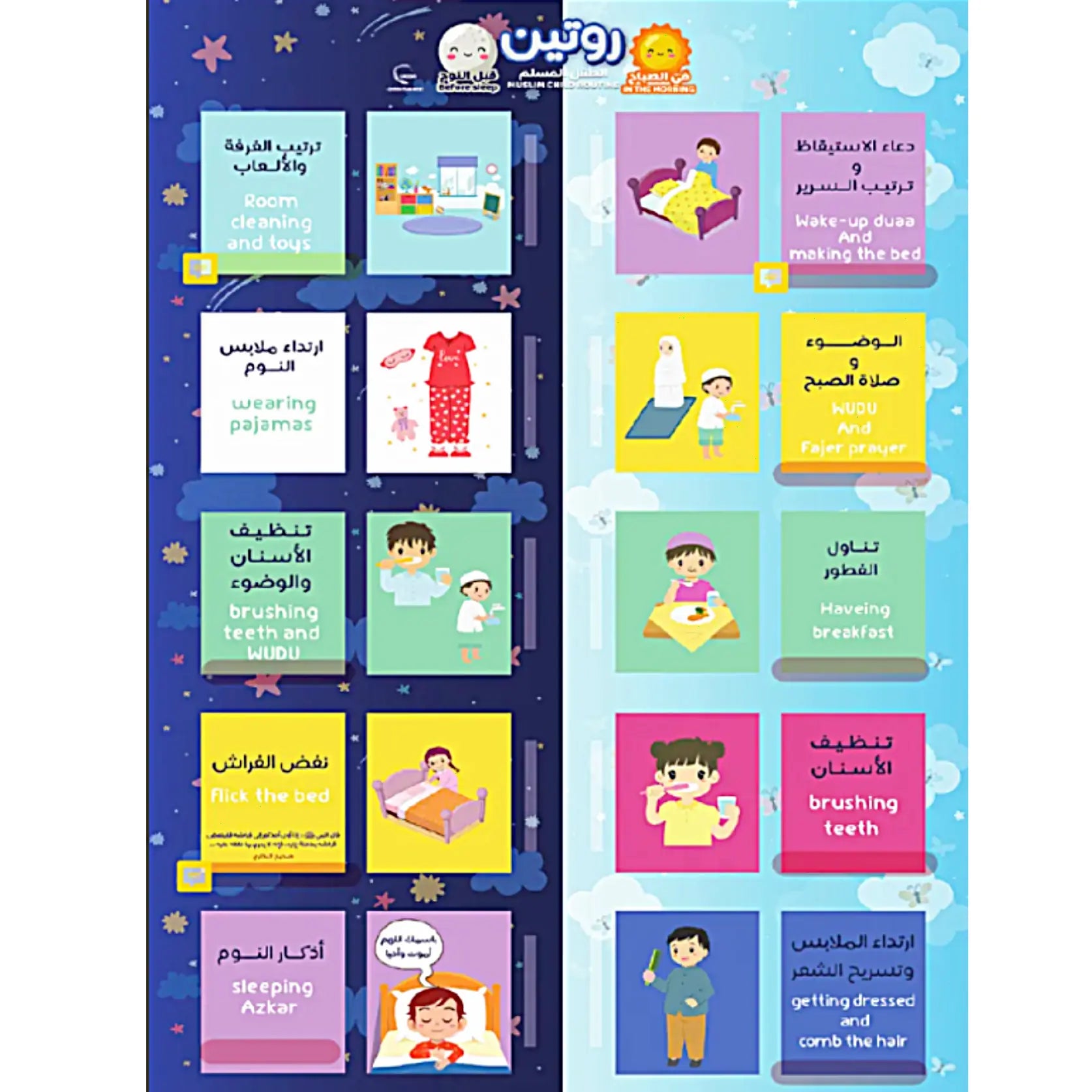 Educational children's book with illustrations and text on a blue background