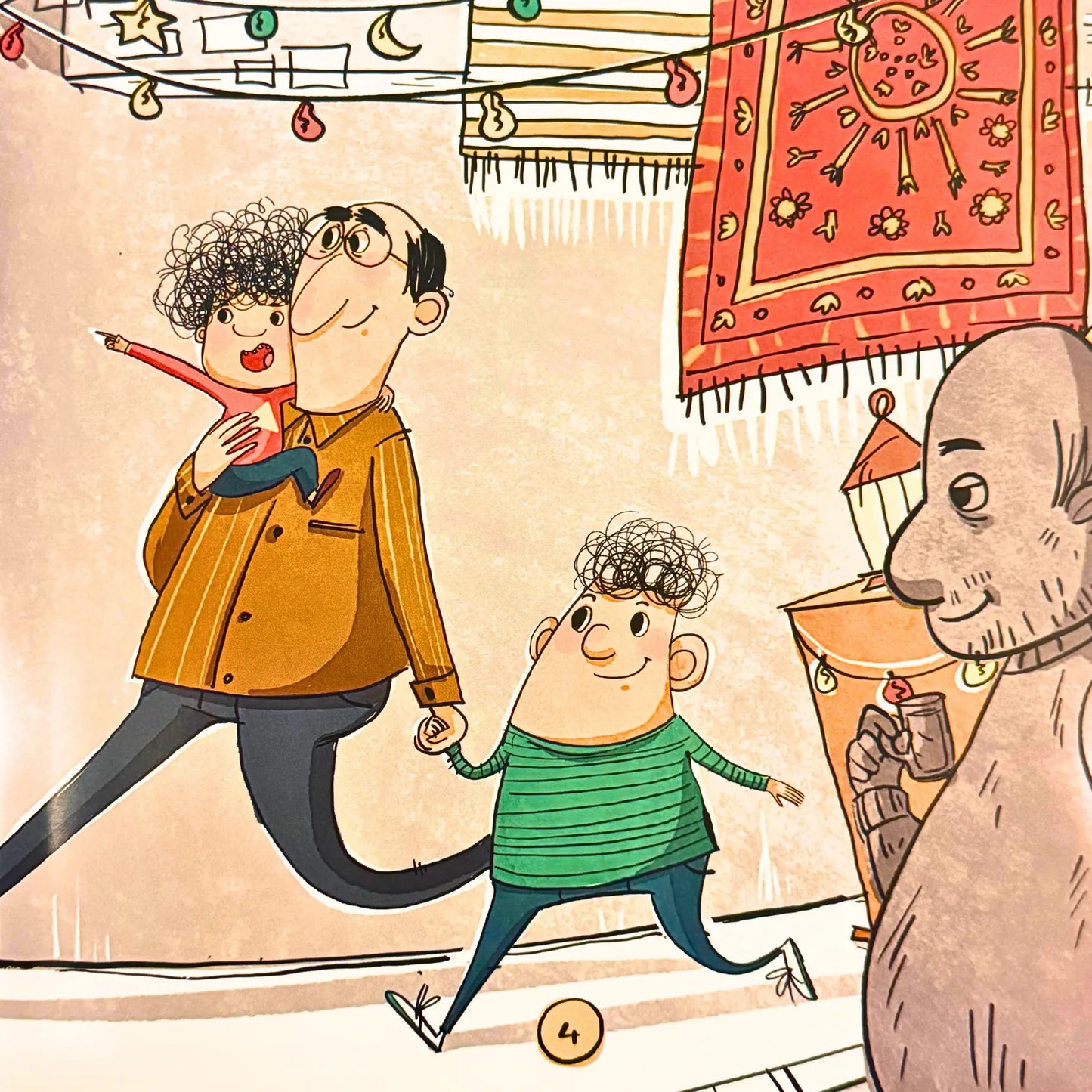 Illustration of a family walking together with a dog, surrounded by colorful decorations.