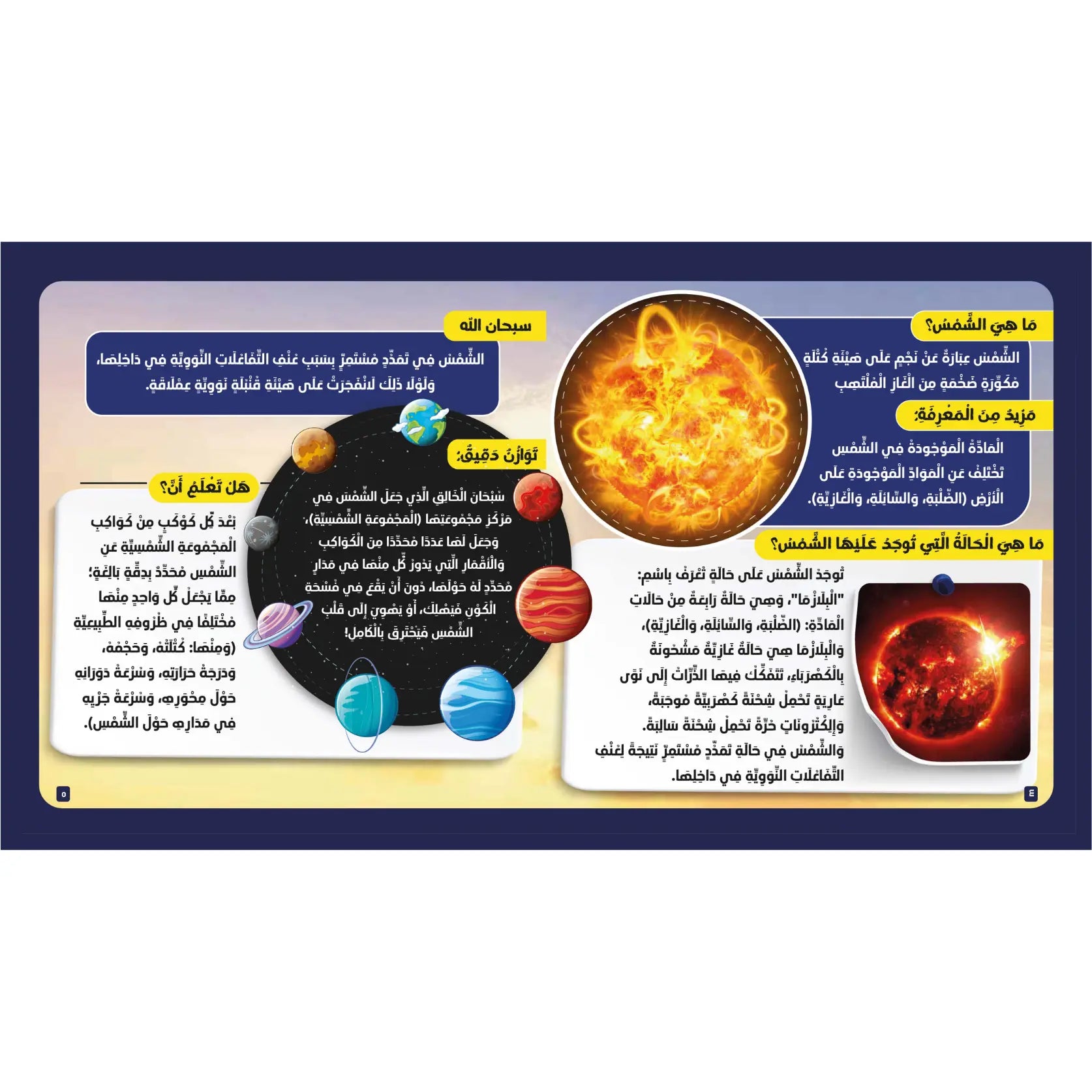 Educational poster about the solar system with illustrations of the sun, planets, and text in Arabic.