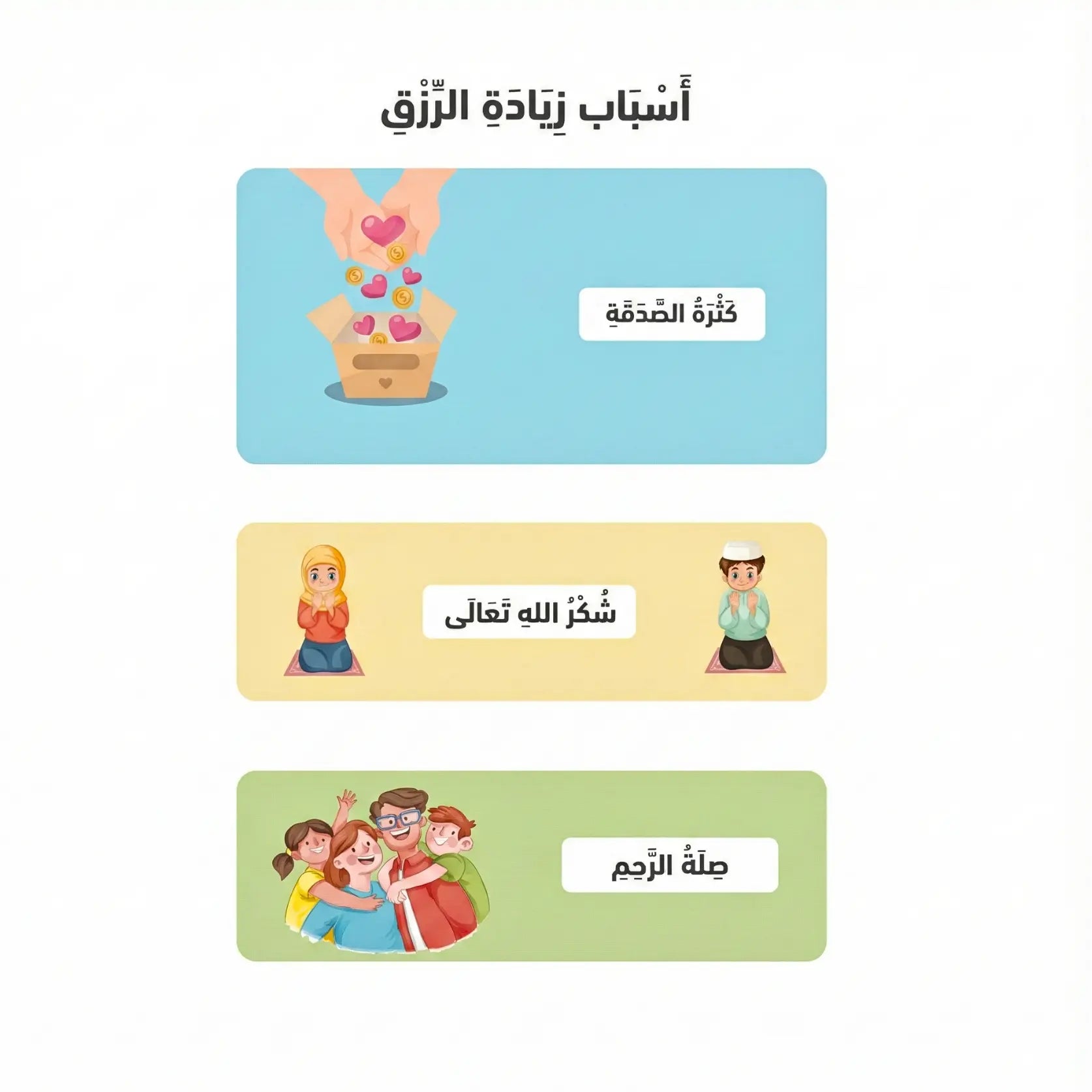 Educational cards with Arabic text and illustrations on a white background
