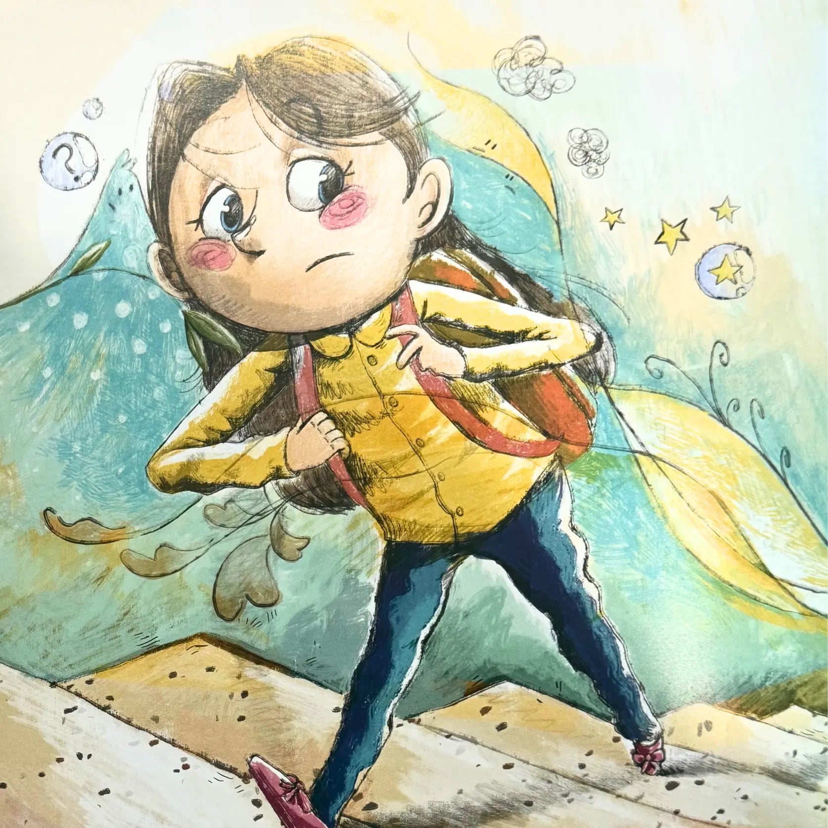 Illustration of a child in a yellow raincoat with a backpack, standing on a path with mountains and stars in the background.