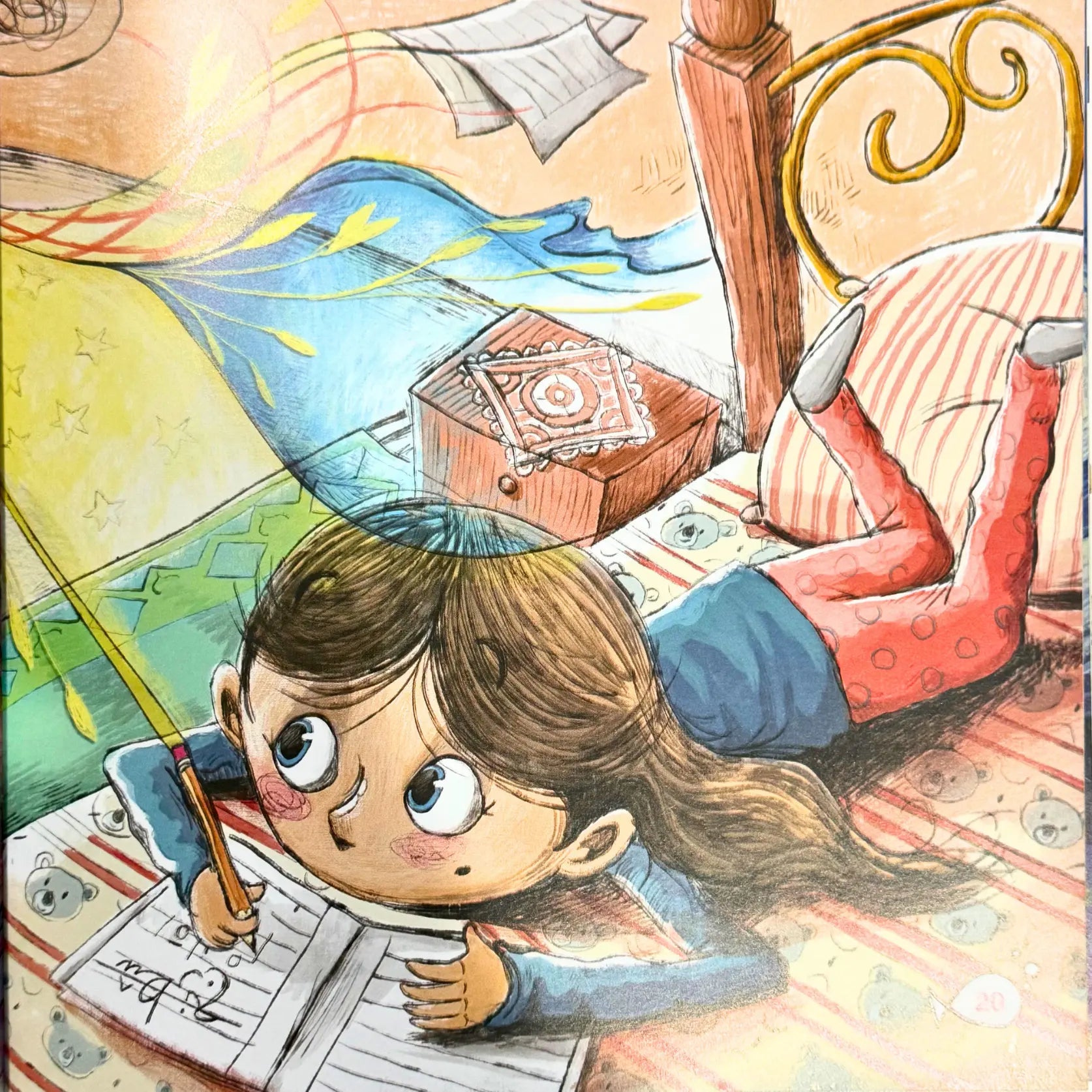 Illustration of a child lying on a bed with a book and umbrella, surrounded by toys.